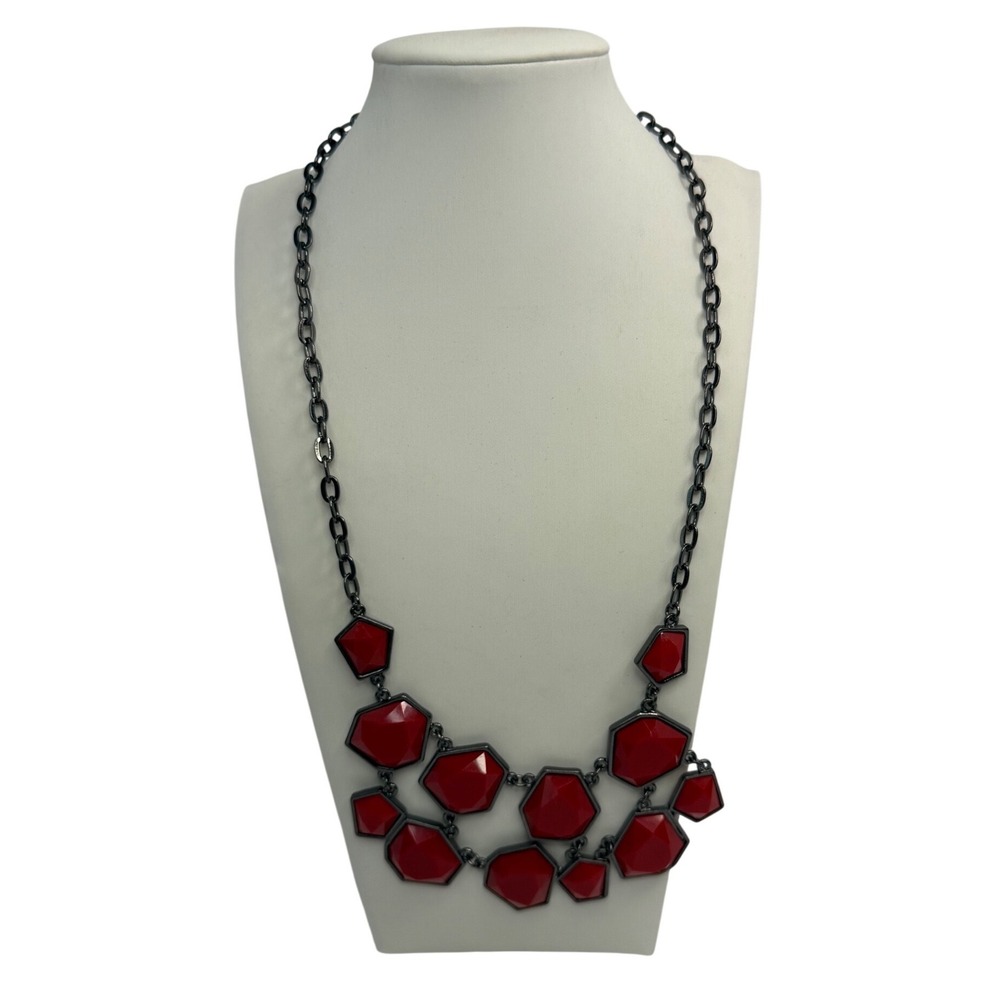 Red Geometric Bib Statement Necklace Gunmetal Chain Adjustable Y2K Party Goth